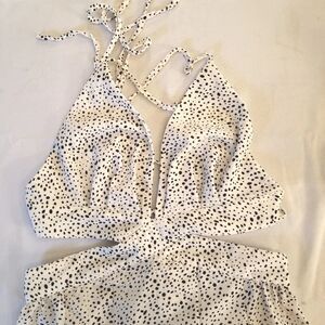 Dalmation Women Medium Maxi Halter Dress High Slit Black White Spot Print Trendy